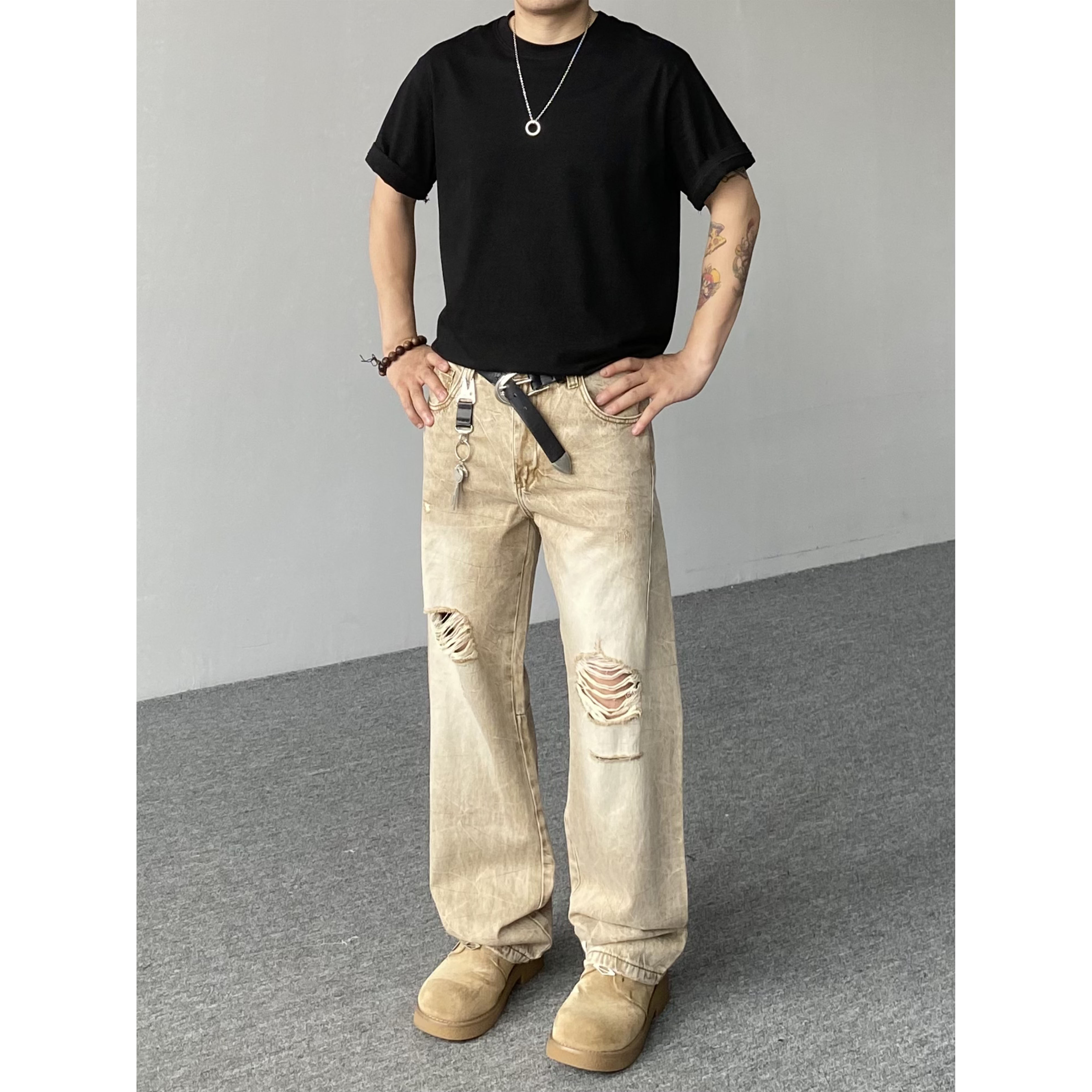 98SQUID 美式复古扎染裂纹破洞牛仔裤男女宽松直筒休闲垂感长裤潮