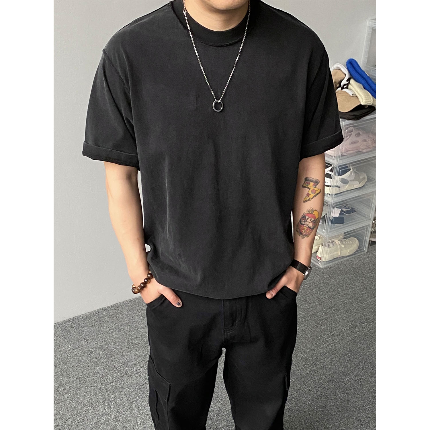 98SQUID 美式cleanfit重磅水洗磨毛小领口短袖270g男女宽松半袖潮