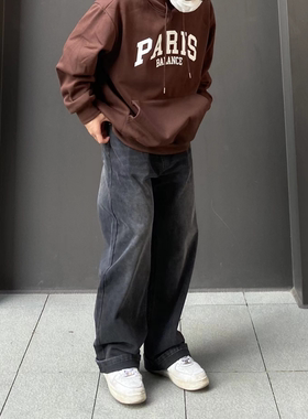 98SQUID 美式复古黑灰阔腿牛仔裤男女cleanfit渐变宽松休闲长裤潮