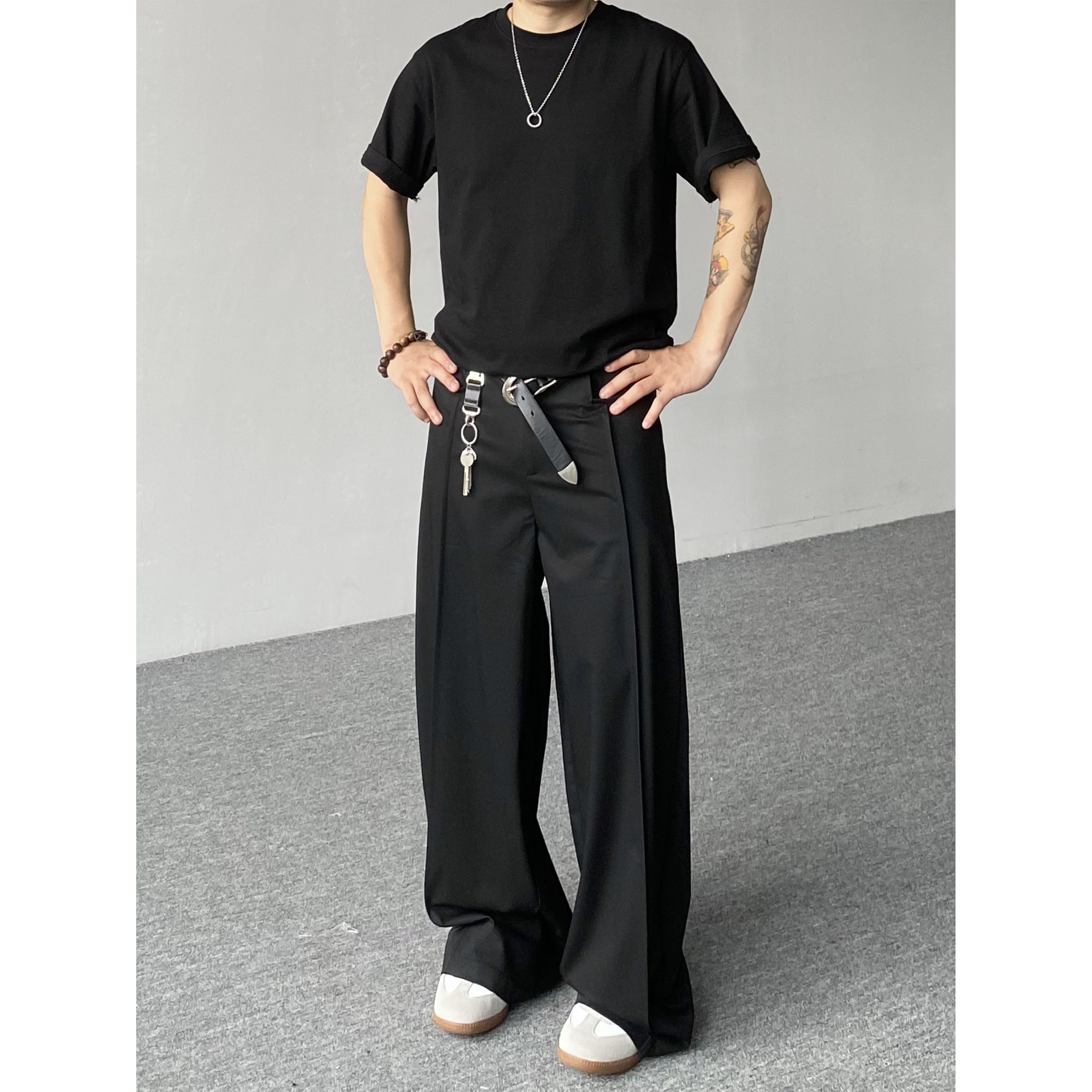 98SQUID 美式复古老钱风休闲西裤男女宽松简约垂感阔腿拖地长裤子