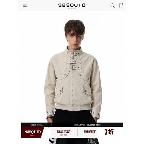 98SQUID美式复古拼接工装夹克男女百搭设计感休闲痞帅短款外套