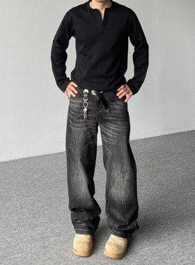 98SQUID 美式复古水洗黑色刮破牛仔裤男女宽松休闲阔腿垂感长裤潮