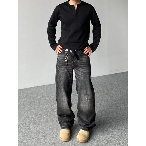 98SQUID 美式复古水洗黑色刮破牛仔裤男女宽松休闲阔腿垂感长裤潮