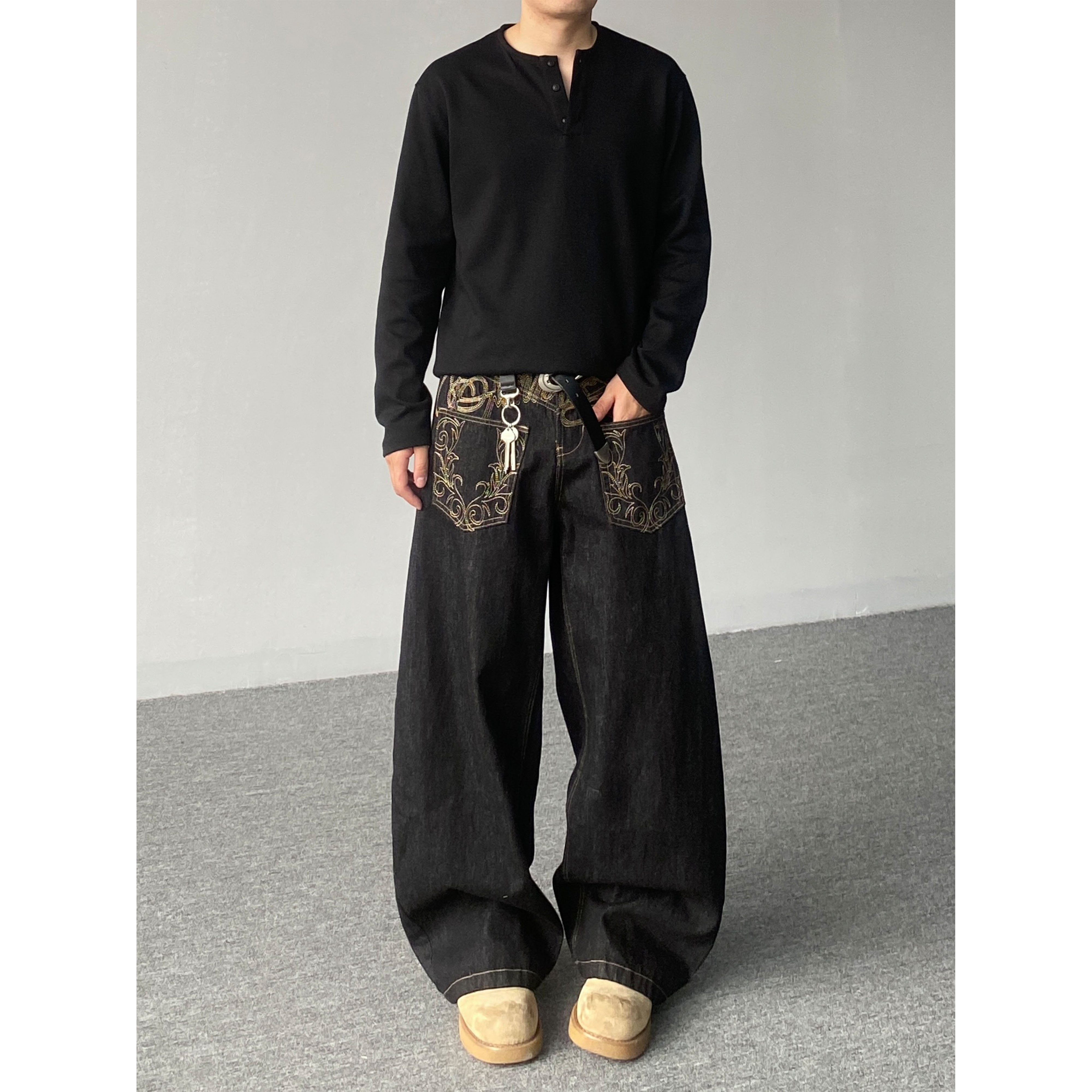 98SQUID 美式高街vibe反穿刺绣弯刀牛仔裤男女宽松设计感阔腿长裤