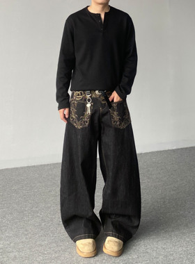 98SQUID 美式高街vibe反穿刺绣弯刀牛仔裤男女宽松设计感阔腿长裤