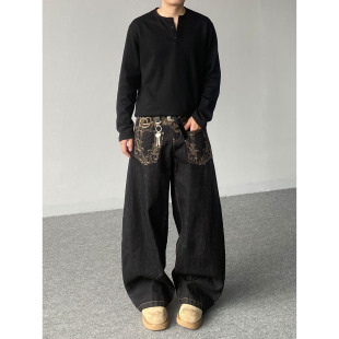 男女宽松设计感阔腿长裤 高街vibe反穿刺绣弯刀牛仔裤 美式 98SQUID