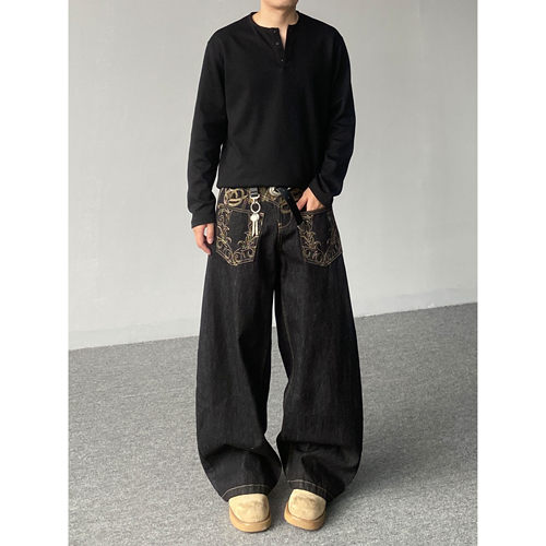 98SQUID 美式高街vibe反穿刺绣弯刀牛仔裤男女宽松设计感阔腿长裤