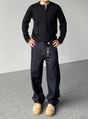 98SQUID 美式复古老钱风蓝黑原色牛仔裤男女宽松直筒垂感休闲长裤