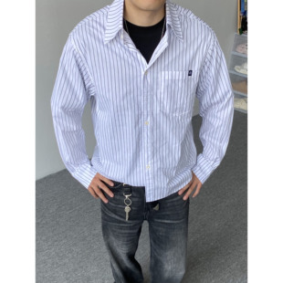98SQUID 美式复古cleanfit撞色条纹衬衫男女宽松慵懒百搭休闲衬衣