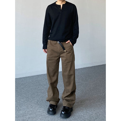 98SQUID 美式cleanfit复古纯色拼接休闲裤男女宽松阔腿垂感长裤子