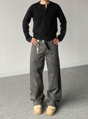 98SQUID 美式cleanfit拼接大口袋工装裤男女宽松阔腿垂感百搭长裤