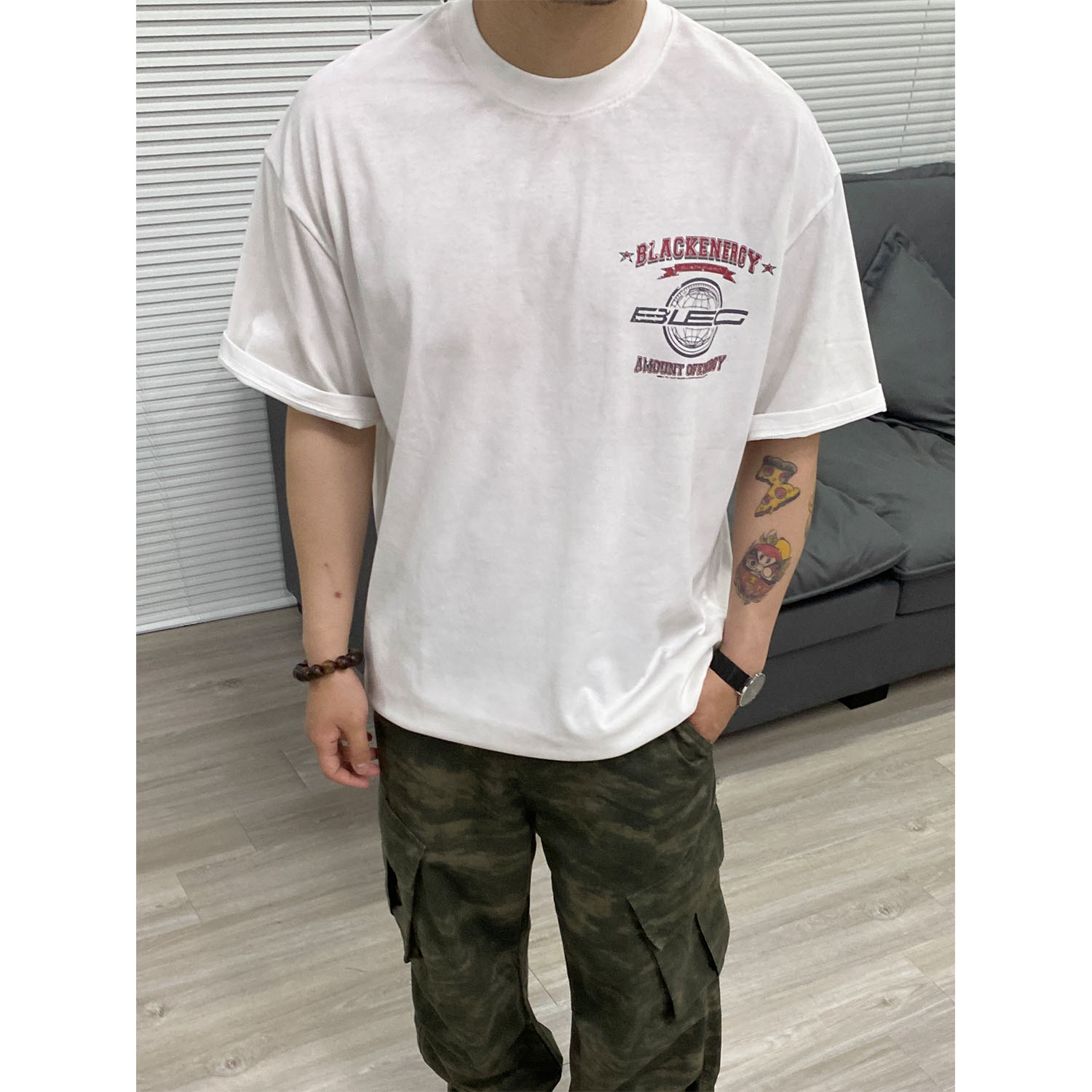 98SQUID 美式复古高街做旧脏脏圆领短袖男女宽松休闲百搭印花上衣