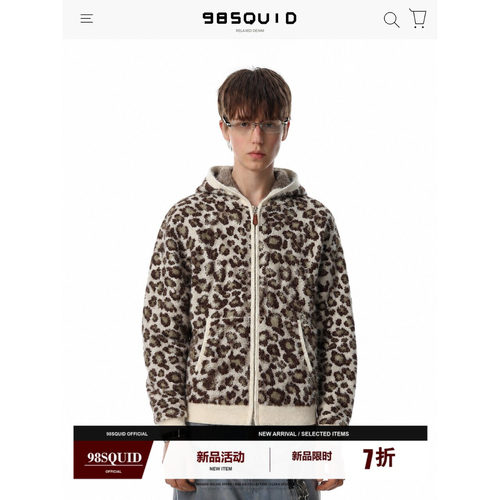 98SQUID美式复古豹纹提花连帽毛衣外套男女百搭设计感休闲上衣