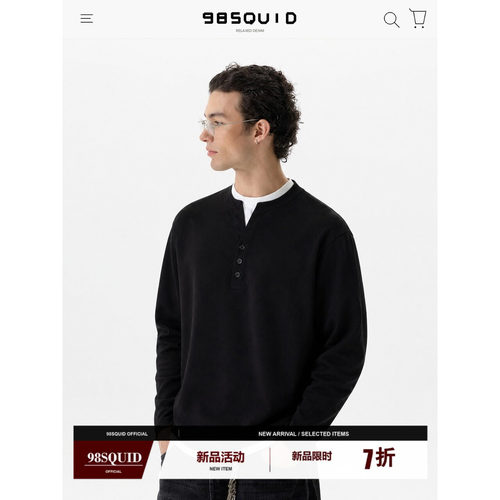 98SQUID美式cleanfit假两件亨利领长袖T恤男女宽松百搭圆领上衣潮