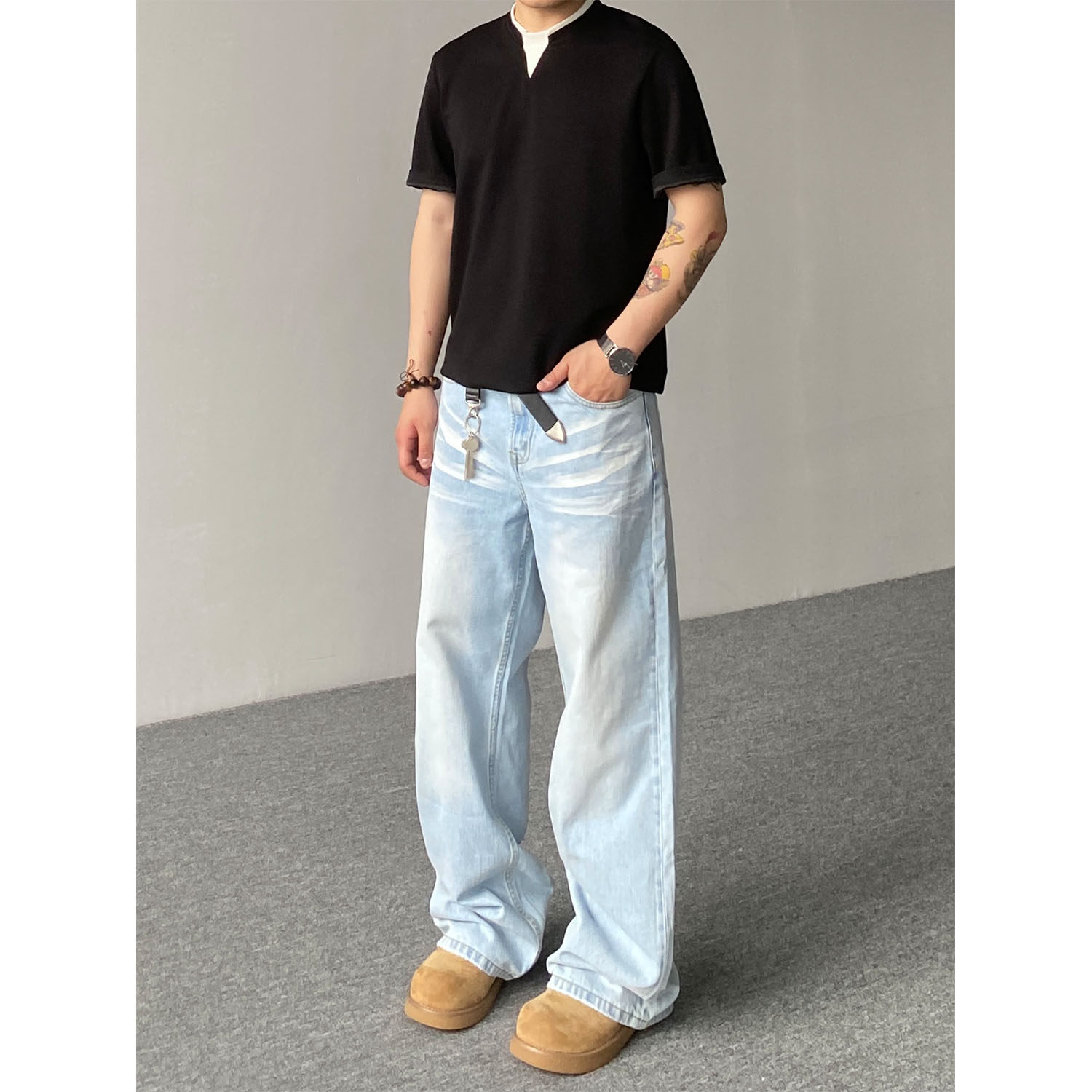 98SQUID 美式复古水洗冰川蓝牛仔裤男女宽松裤脚磨破阔腿垂感长裤