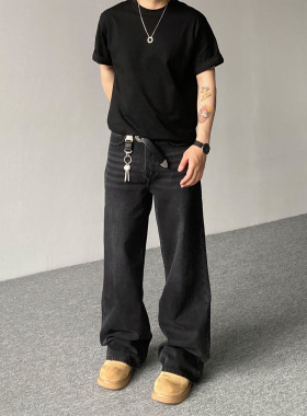 98SQUID 美式高街水洗黑色牛仔裤男女宽松简约猫须阔腿休闲长裤潮
