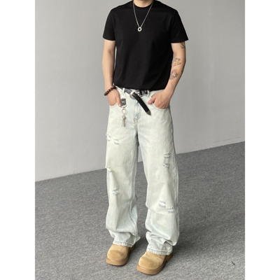 98SQUID 美式复古水洗浅色破洞牛仔裤男女宽松百搭阔腿垂感长裤潮