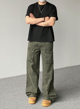 98SQUID 美式高街vibe复古军绿色多口袋工装裤男女宽松阔腿长裤潮
