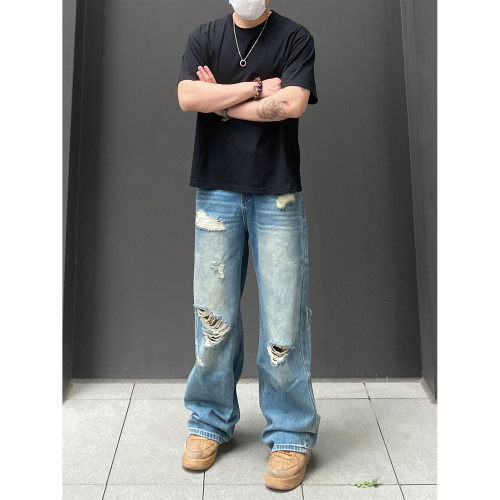 98SQUID 美式高街vibe嘻哈做旧破洞牛仔裤男女宽松阔腿休闲长裤潮