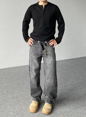 98SQUID 美式cleanfit做旧磨白扎花牛仔裤男女宽松直筒休闲长裤子