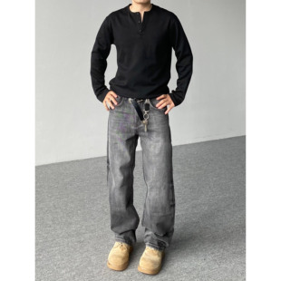 98SQUID 美式cleanfit做旧磨白扎花牛仔裤男女宽松直筒休闲长裤子