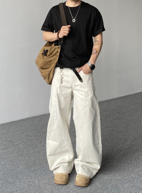 98SQUID 美式复古解构拼接纯色弯刀工装裤男女宽松休闲垂感长裤潮