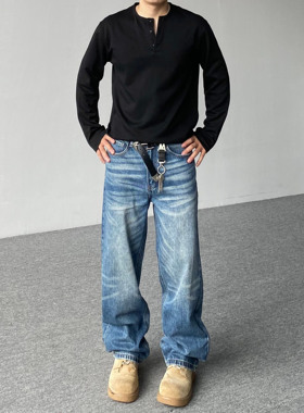 98SQUID 美式复古扎花水洗猫须牛仔裤男女宽松直筒垂感休闲长裤潮