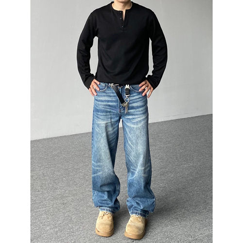 98SQUID 美式复古扎花水洗猫须牛仔裤男女宽松直筒垂感休闲长裤潮