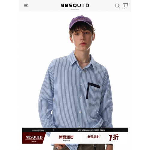 98SQUID 美式复古撞色条纹拼接口袋长袖衬衫男女宽松百搭休闲衬衣