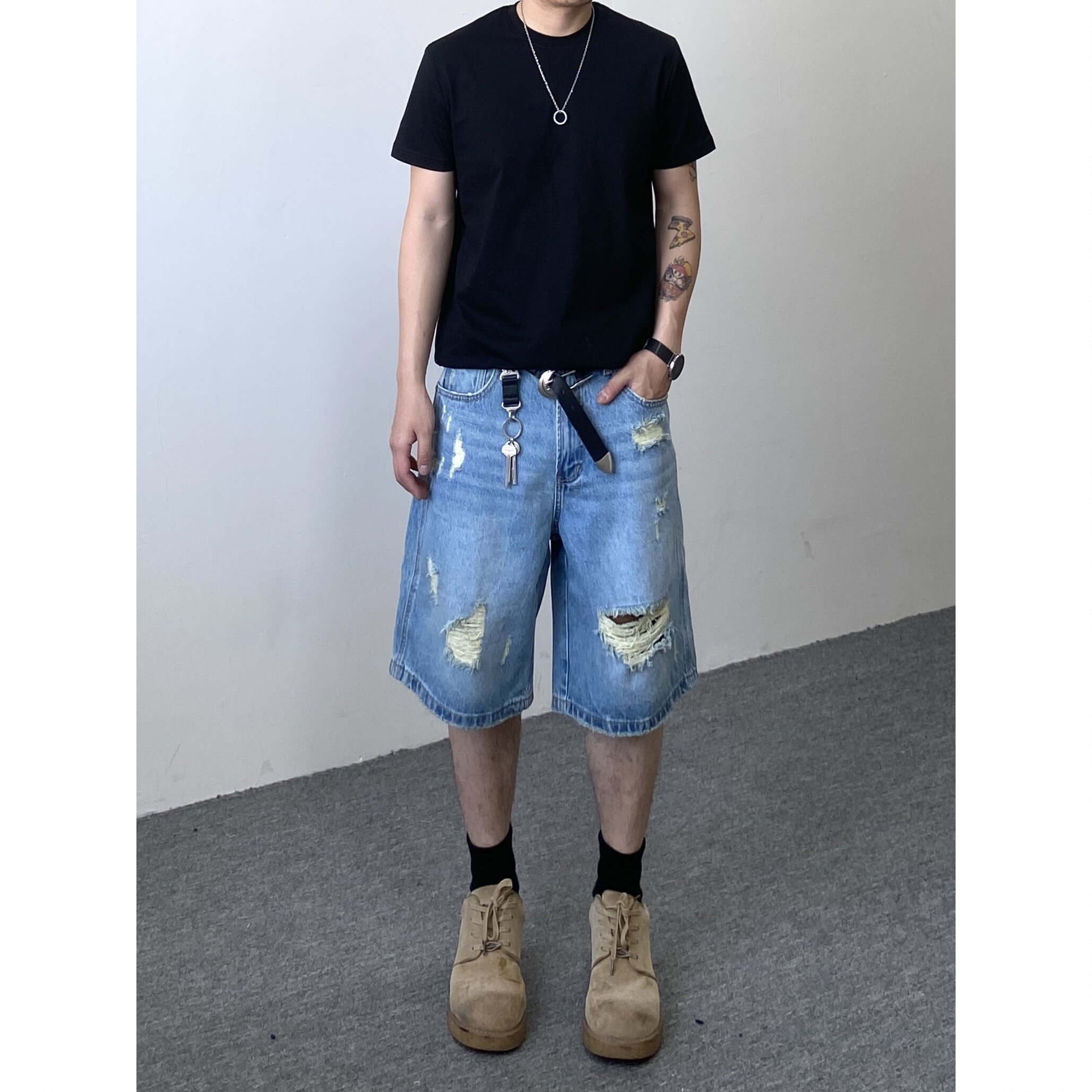 98SQUID 美式复古水洗做旧刮烂破洞牛仔短裤男女宽松休闲五分裤潮