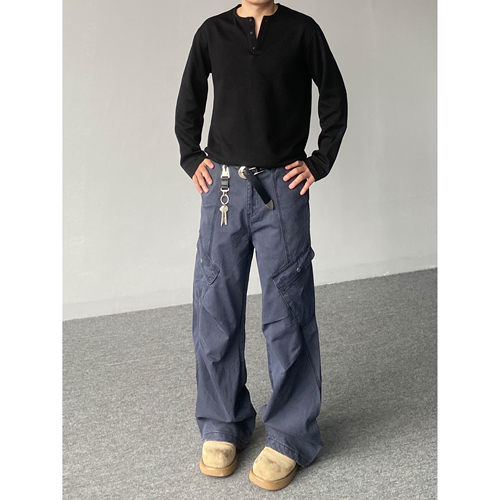 98SQUID 美式vibe复古立袋褶皱拼接工装裤男女宽松阔腿百搭长裤潮