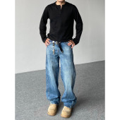 男女宽松休闲直筒垂感长裤 复古水洗扎花解构牛仔裤 潮 美式 98SQUID