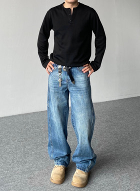 98SQUID 美式复古水洗扎花解构牛仔裤男女宽松休闲直筒垂感长裤潮