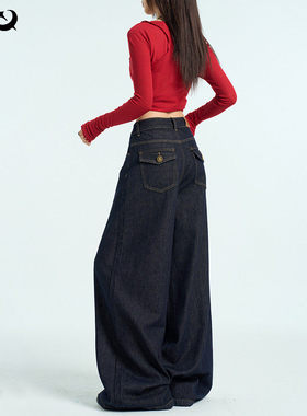 深蓝色阔腿牛仔裤女2025年新款夏季低腰美式覆古宽松拖地直筒裤子