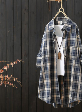 中长版格子衬衫女2025年春季新品百搭长袖衬衫休闲 开 衫薄外套上
