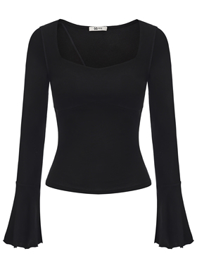 PINZ HOW原创BRA款可机洗莱赛尔羊毛大U领修身显瘦黑色喇叭袖毛衣