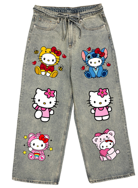 金枪小鱼  hellokitty大印花牛仔裤蓝色个性宽松直筒阔腿牛仔长裤