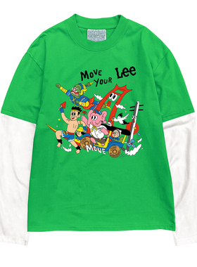 金枪小鱼 可爱卡通印花绿色休闲假两件拼接袖子多巴胺宅系长袖T恤