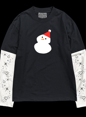 金枪小鱼 可爱雪人印花浅湖蓝色长袖T恤拼接袖子假两件彩色系穿搭