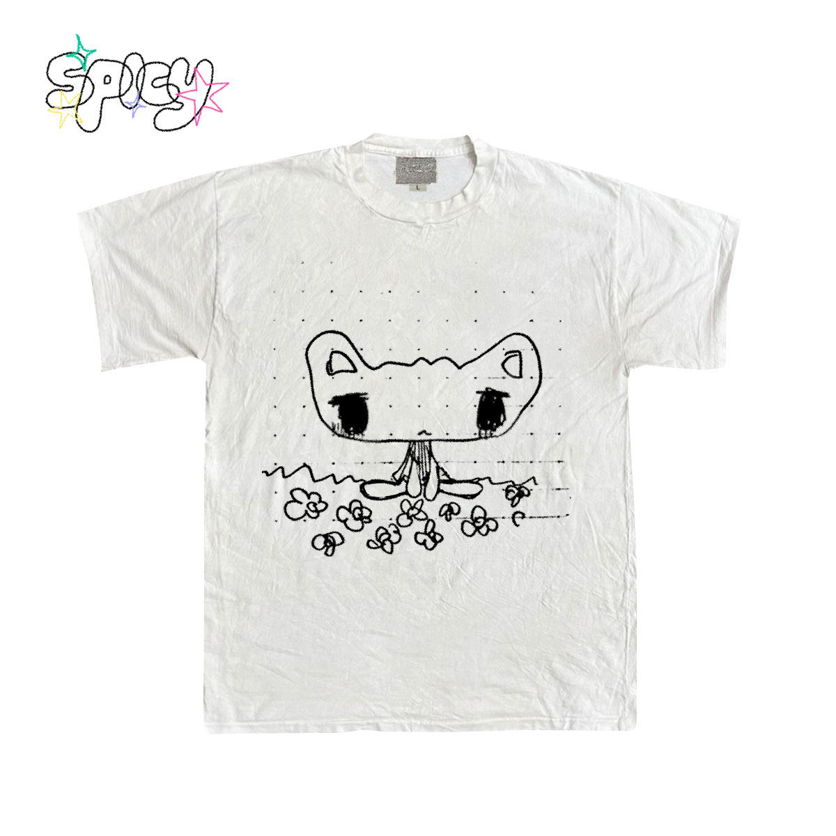 金枪小鱼 蜡笔线稿小猫ins潮流短袖呆萌猫咪创意印花T恤圆领上衣