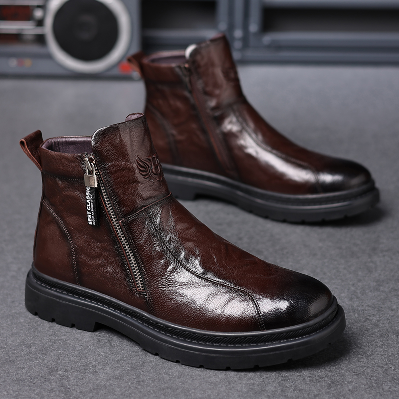 潮牌男鞋2025新款秋冬季加绒保暖高帮真皮马丁靴男士切尔西皮靴子