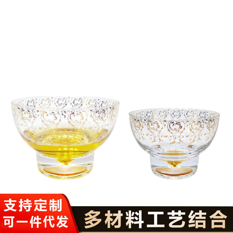 创意金箔水晶聚财碗传统节日开业礼品透明水晶玻璃碗套装可加logo