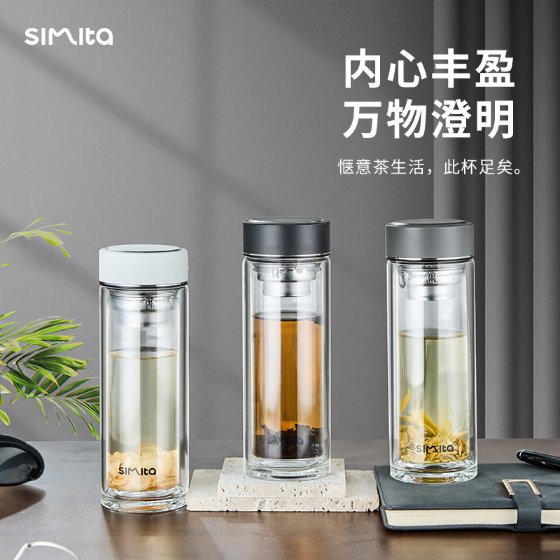 施密特玻璃杯双层带盖透明加厚男女士车载办公茶杯子带滤网泡茶杯