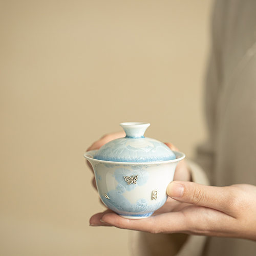 手工蓝冰窑变结晶釉锔银蝴蝶盖碗精致两才盖碗陶瓷茶具功夫泡茶碗