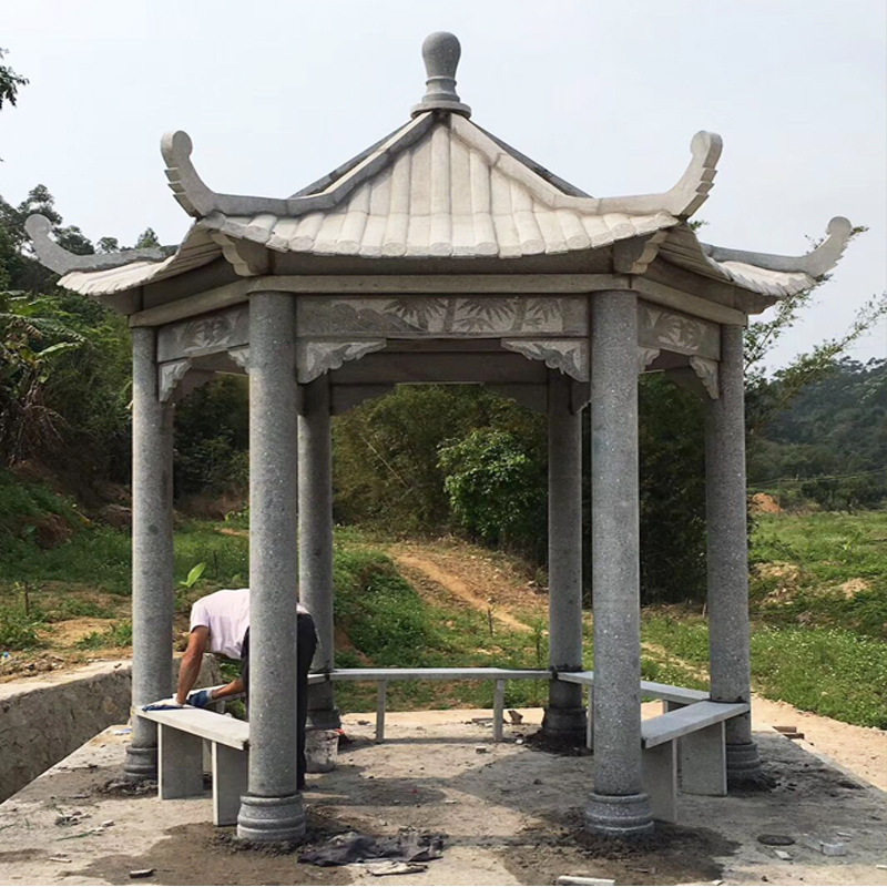 晚霞红汉白玉六角石雕亭廊厂家