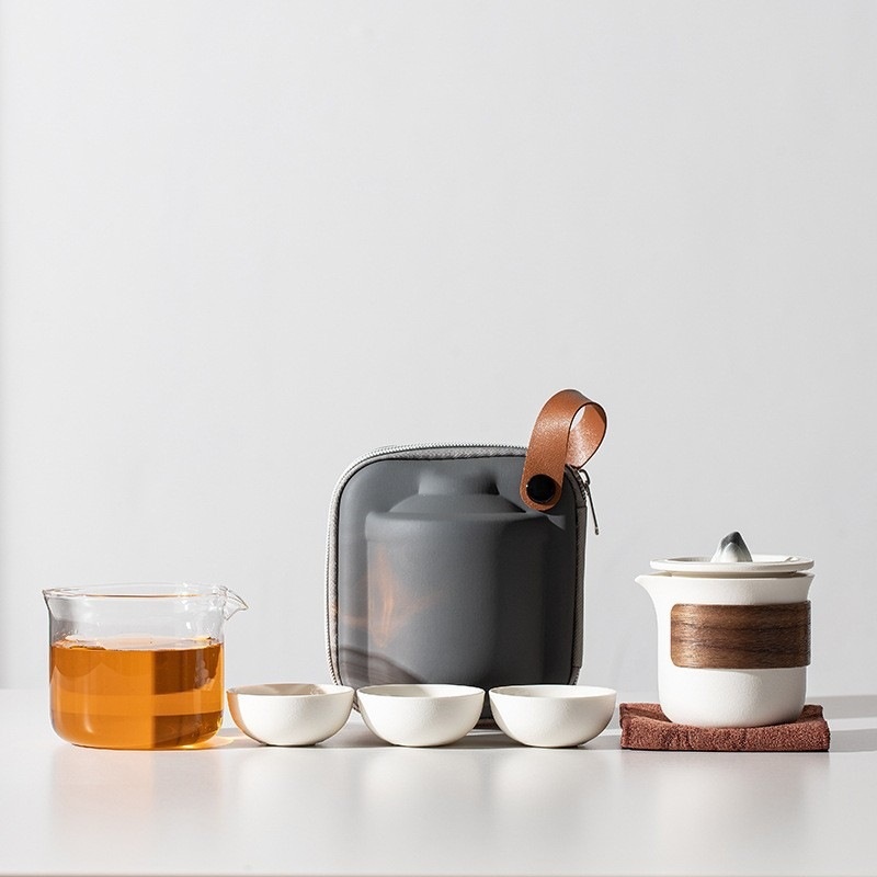 陶瓷便捷式旅行茶具套装高档户外快客杯一壶三杯露营泡茶壶收纳包