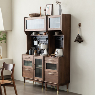厨房家用置物餐边柜 黑胡桃实木北欧碗柜 组合简约现代储物柜
