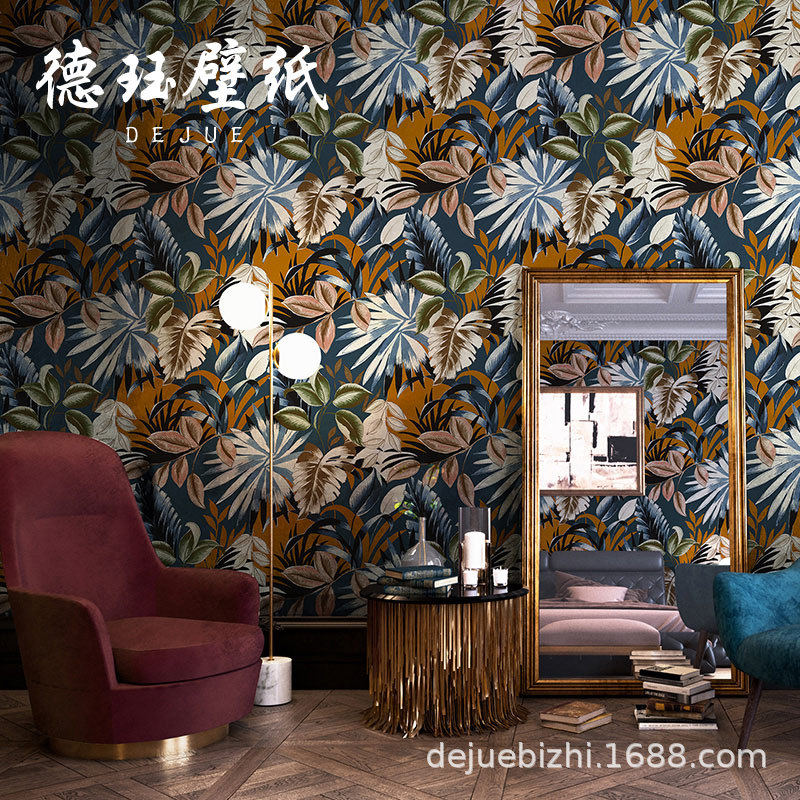 美式墙纸东南亚热带雨林芭蕉叶绿色植物背景壁纸客厅卧室主题酒店