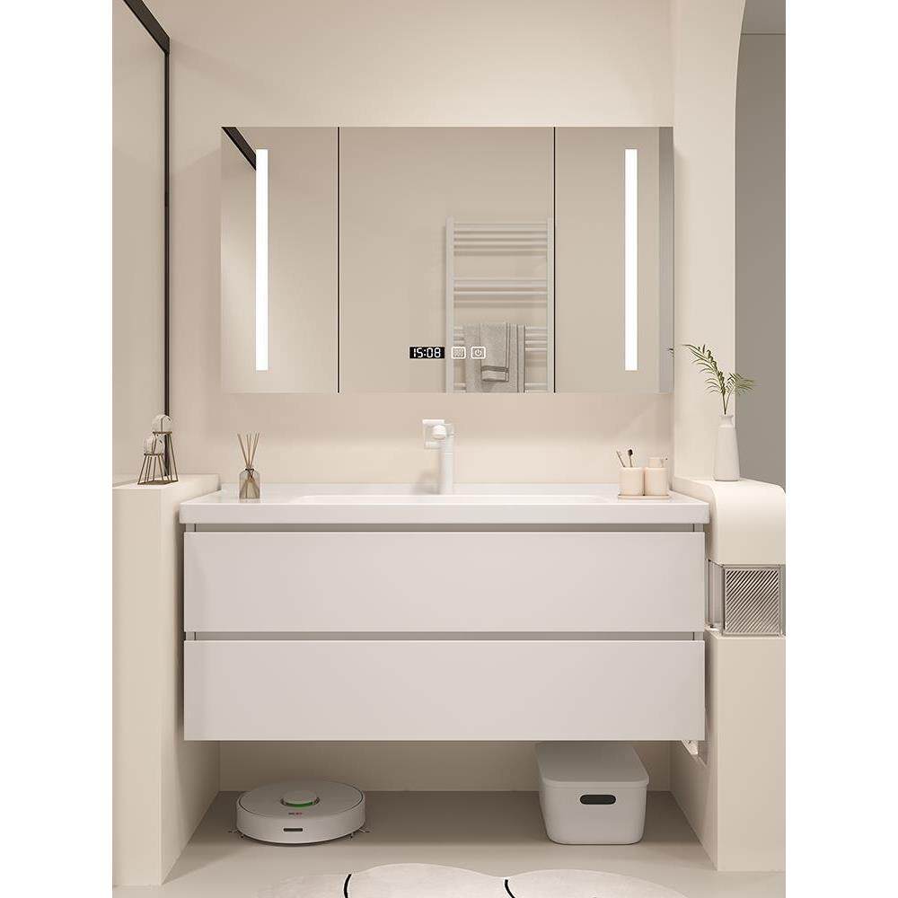 实木浴室柜组合陶瓷一体盆卫生间智能镜柜洗漱台洗手池柜现代简约