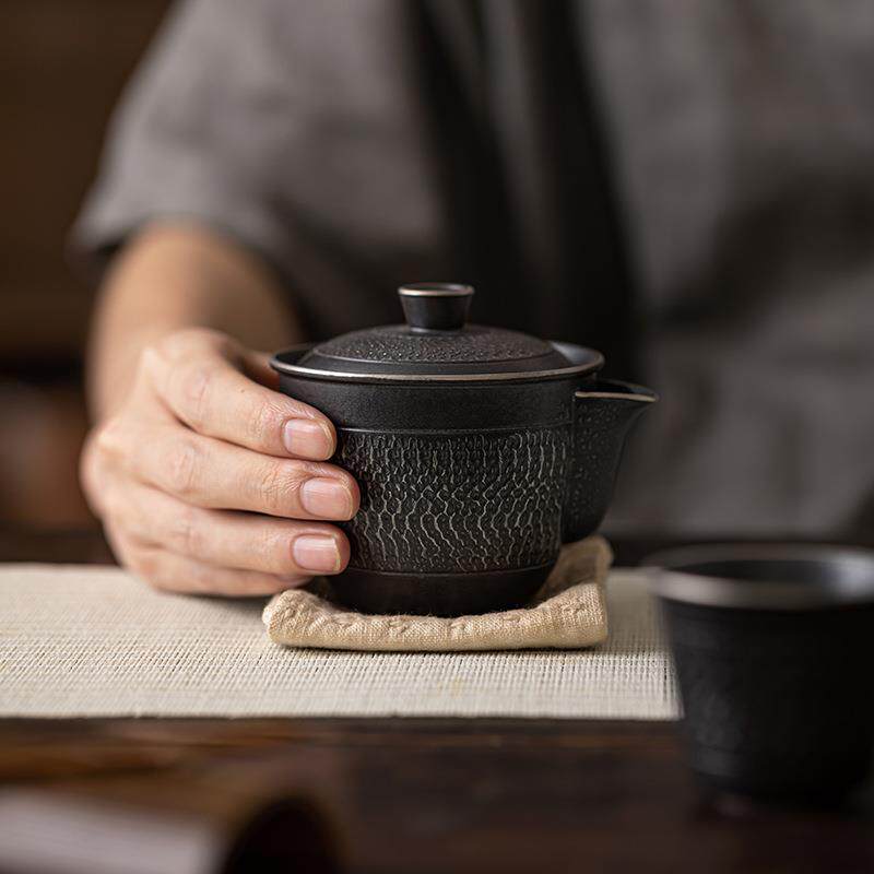 古黑鎏银手抓壶粗陶茶壶手工跳刀泡茶器陶瓷茶具家用中式复古单壶